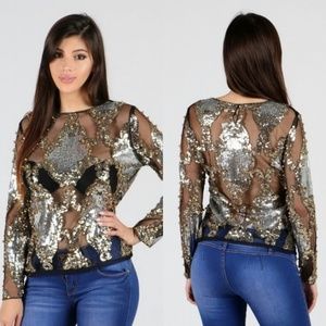 Sheer Metallic Beaded Long Sleeve